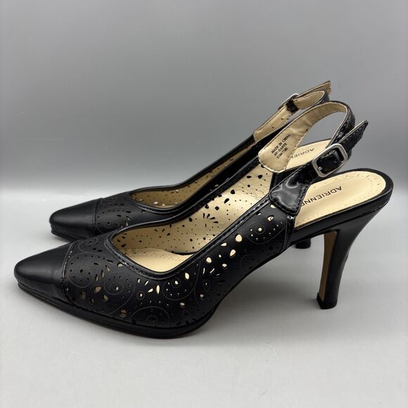 Adrienne Vittadini Pumps Women's Size 7.5 M Black Leather Jiante Ankle Strap - Picture 1 of 13
